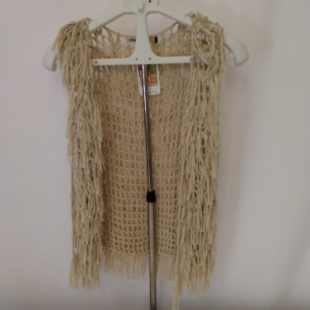 NWT Fringed Crochet Vest in Cream